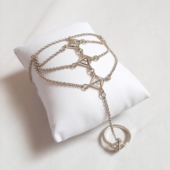 French Connection Gold Tone Finger Ring Hand Chain Bracelet | Ring Size 7 - Picture 2 of 6